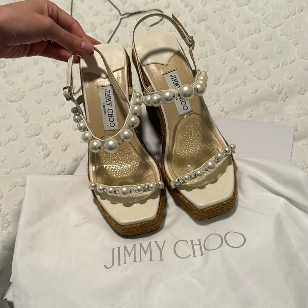 Jimmy Choo Amatuus 110 embellished leather espadrille wedge platform sandals